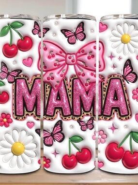 Pink Glitter "MAMA" Floral & Cherry Tumbler